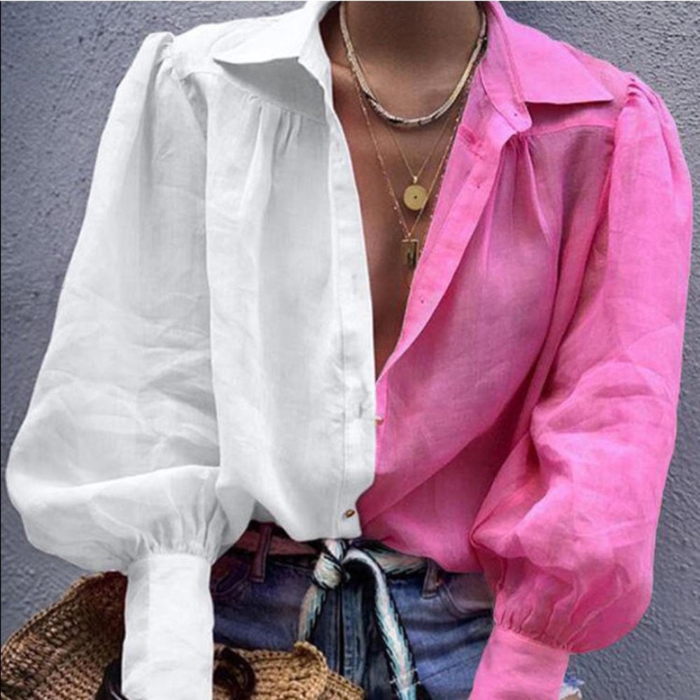 Pink and White Button Up Blouse